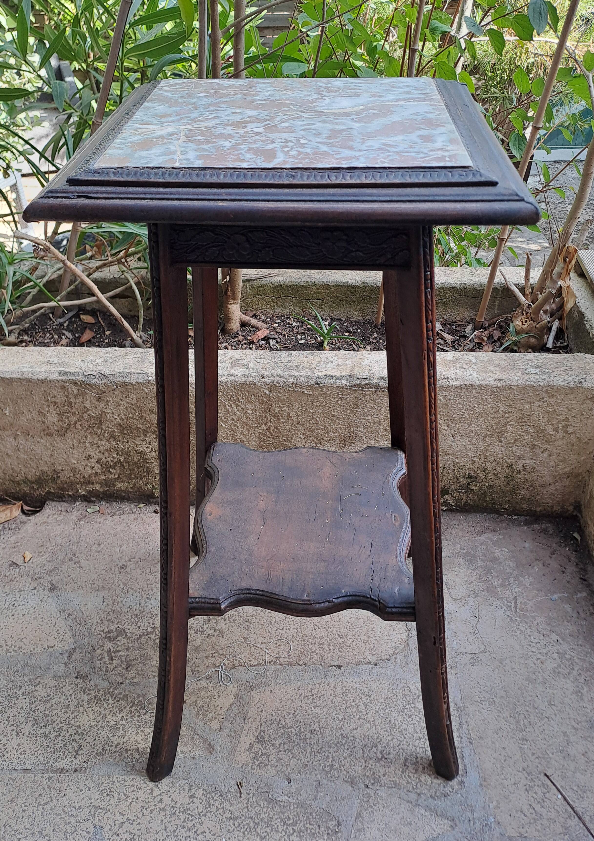 High art nouveau pedestal table brown wood varnished marble france 20's retro vintage decoration