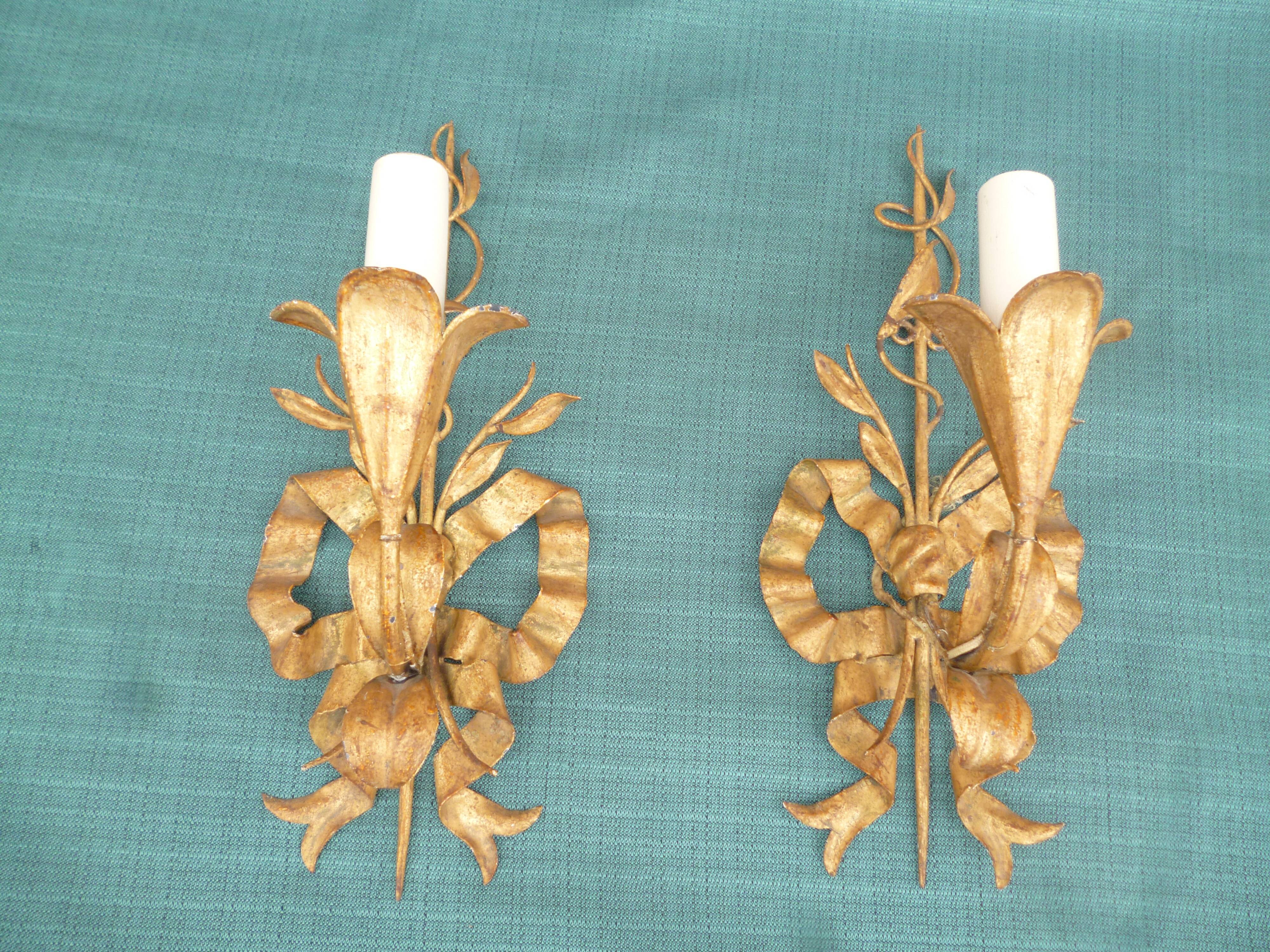 Pair of wall lamps gold patinated vintage metal