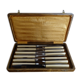 12 stainless steel Art Deco knives in case