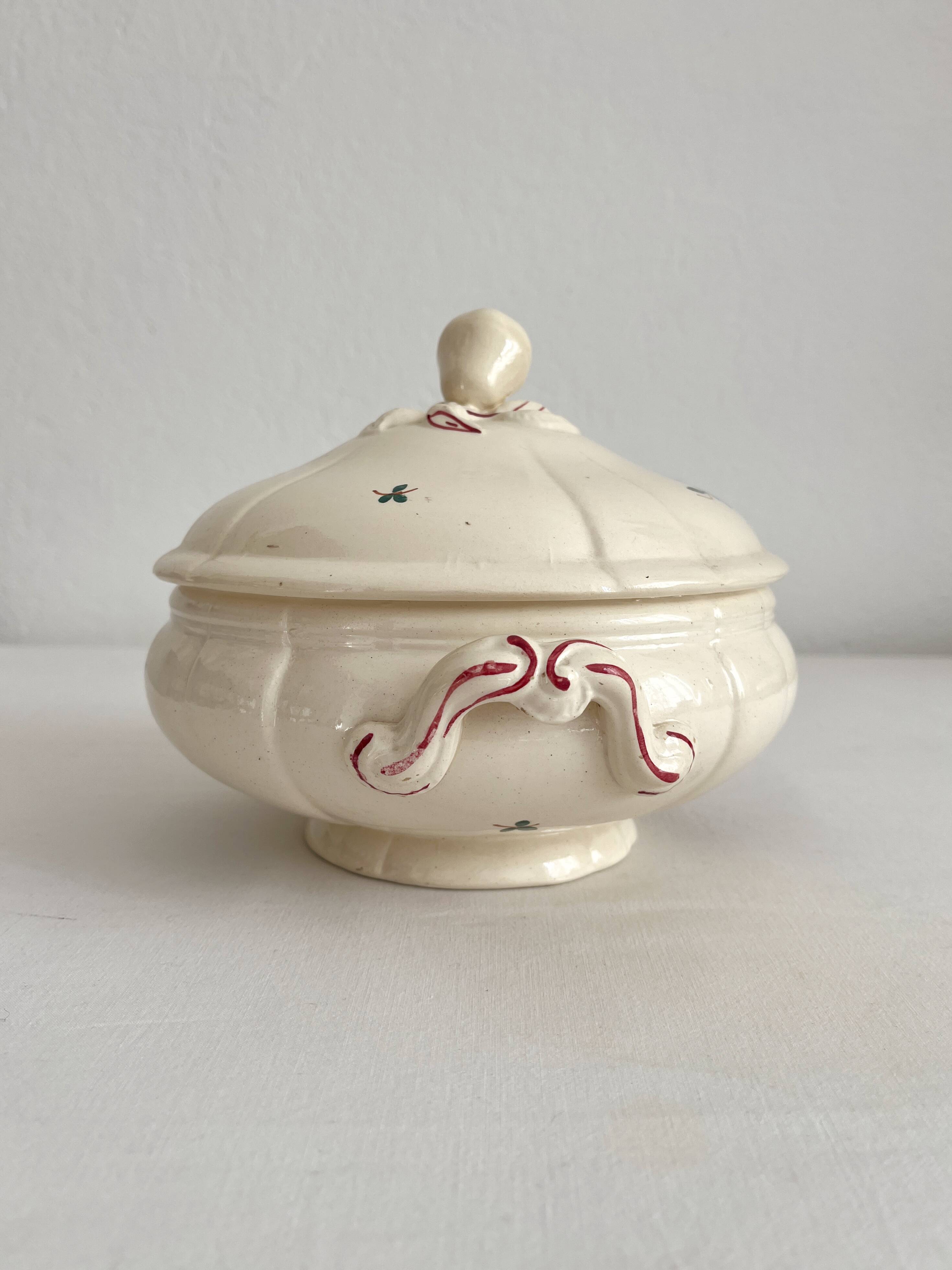 Small vintage ivory earthenware tureen with flowers, Digoin Sarreguemines
