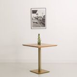 Square bistro table with solid walnut top and brass base