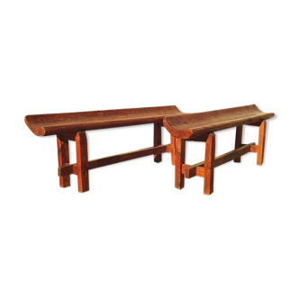 Pair of farm benches, solid wood, brutalist
