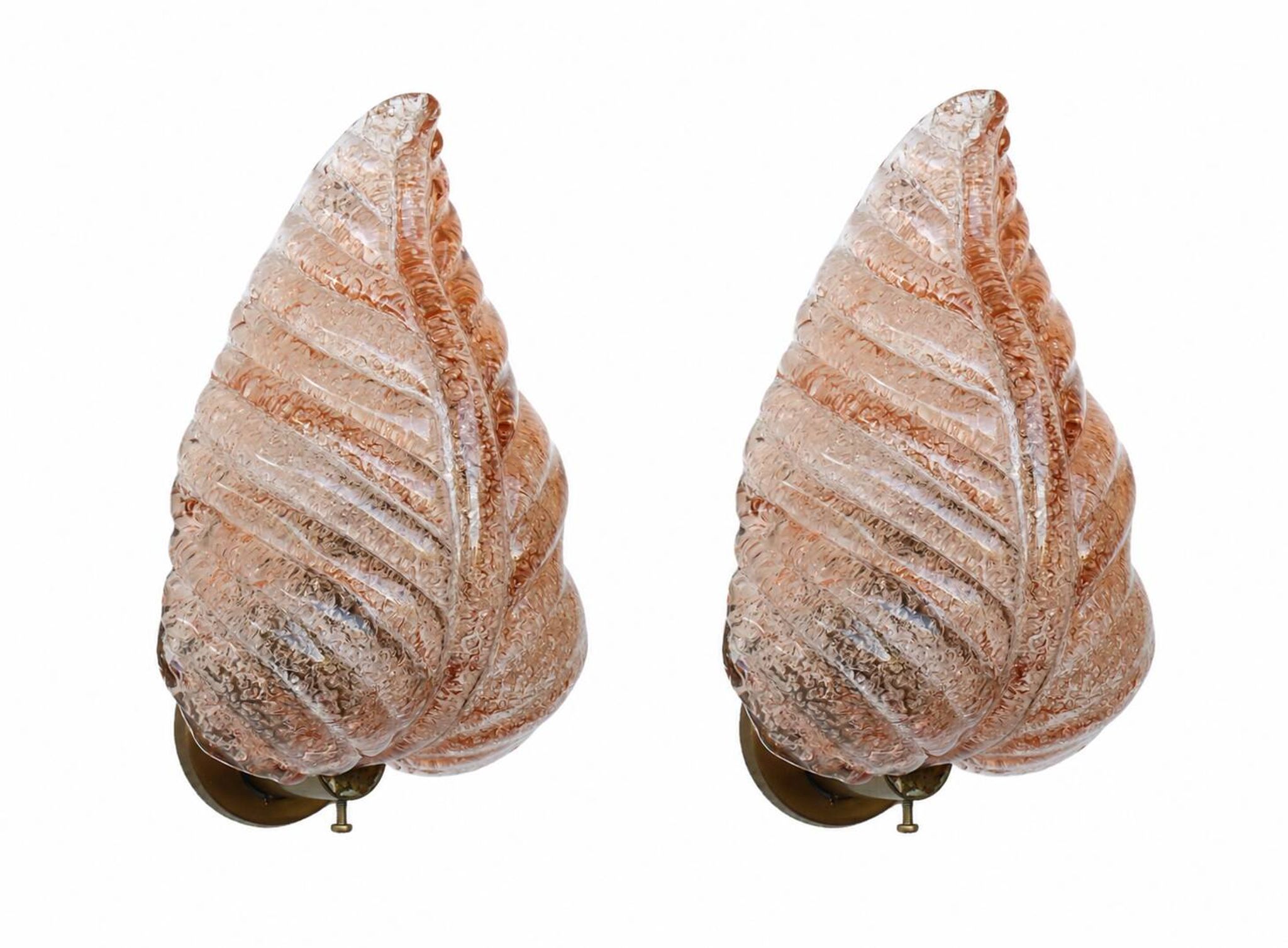 Set of 2 Wall Light Pink colour Murano Glass Leave by Barovier e Toso, 1950