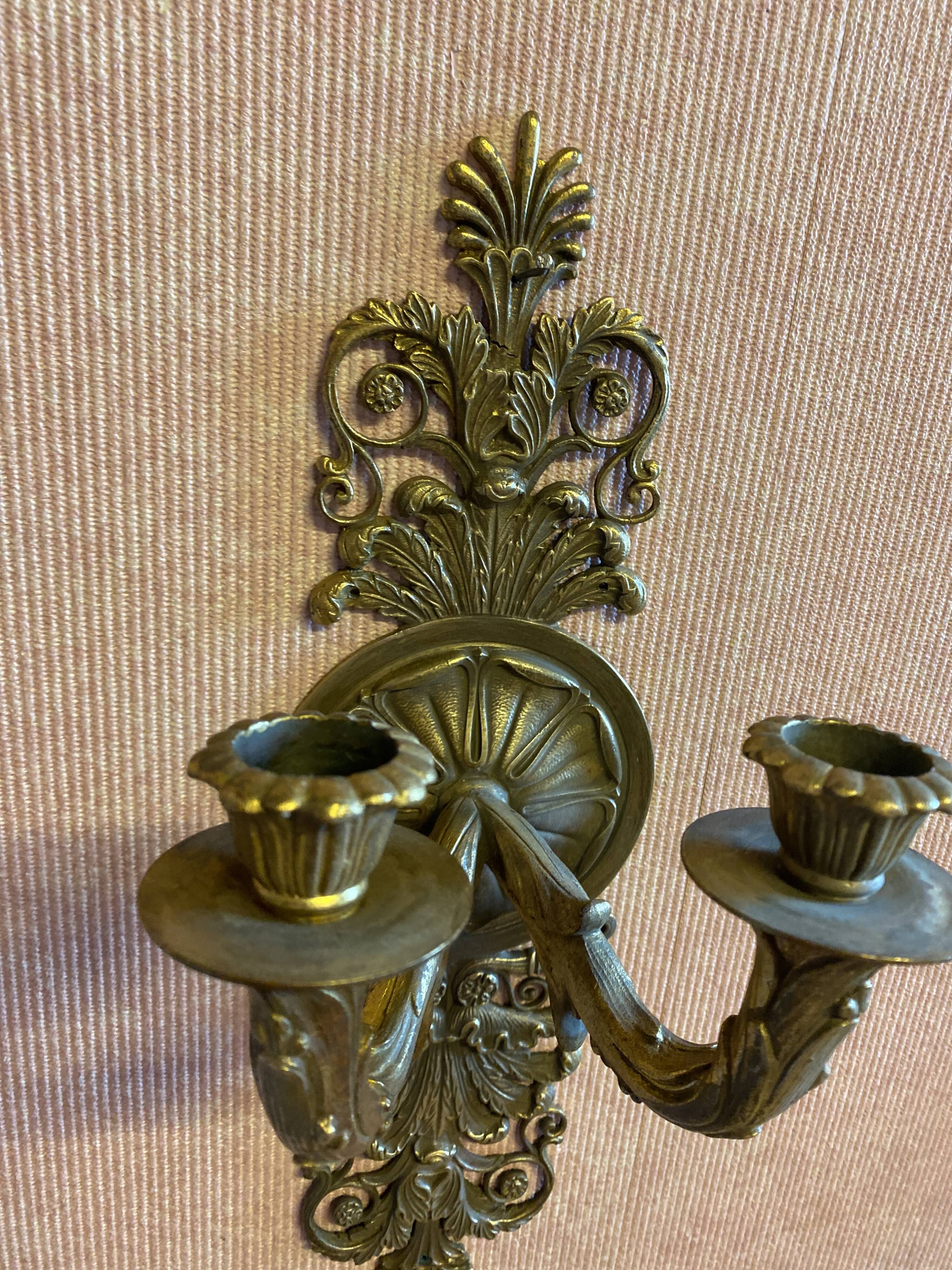 Pair of gilded bronze sconces, 2 burners, Restoration style.