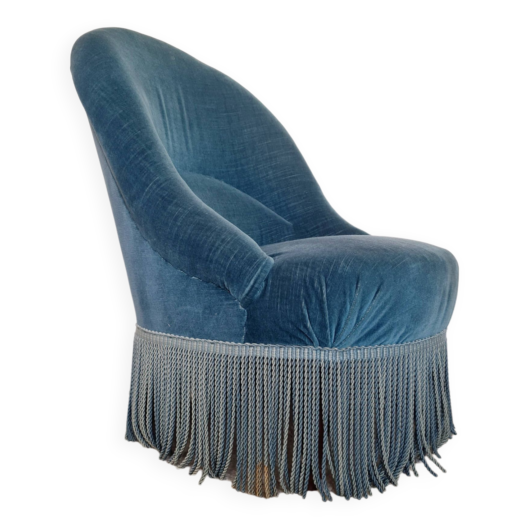 Fauteuil crapaud velours bleu avec franges