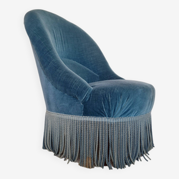 Fauteuil crapaud velours bleu avec franges