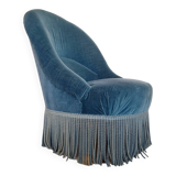 Fauteuil crapaud velours bleu avec franges