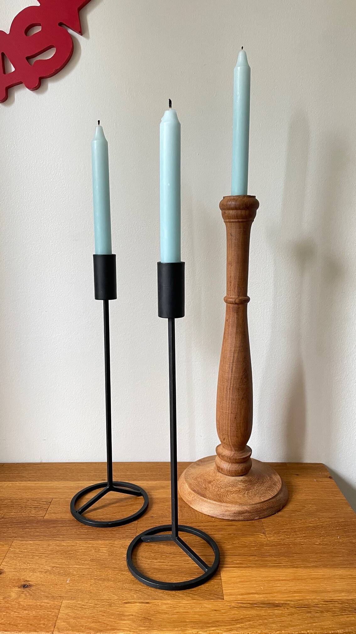 Trio of Vintage Teak and Steel Candlesticks