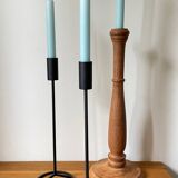 Trio of Vintage Teak and Steel Candlesticks