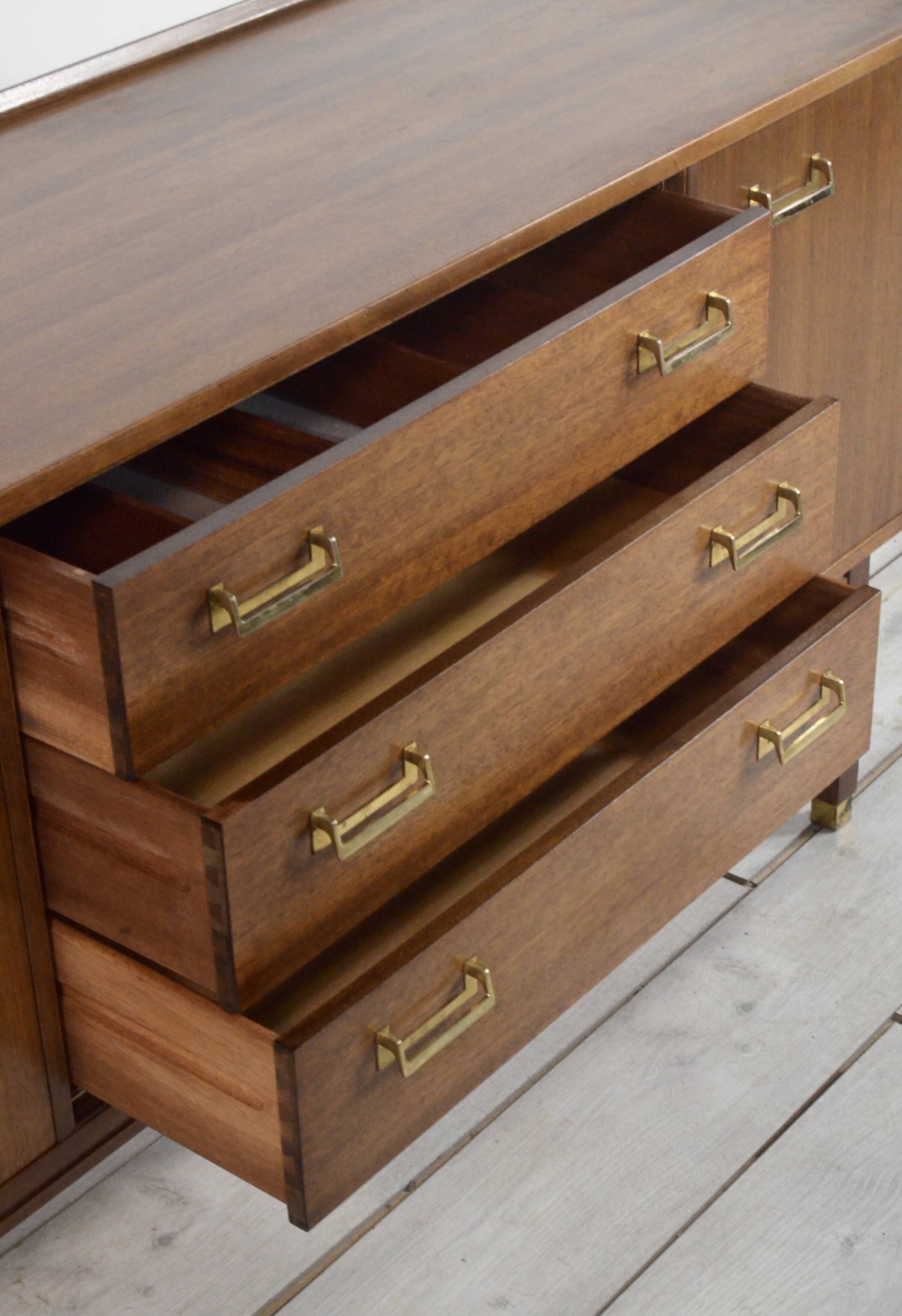 Midcentury G Plan 'E Gomme' Sideboard In Walnut And Brass. Vintage Modern /