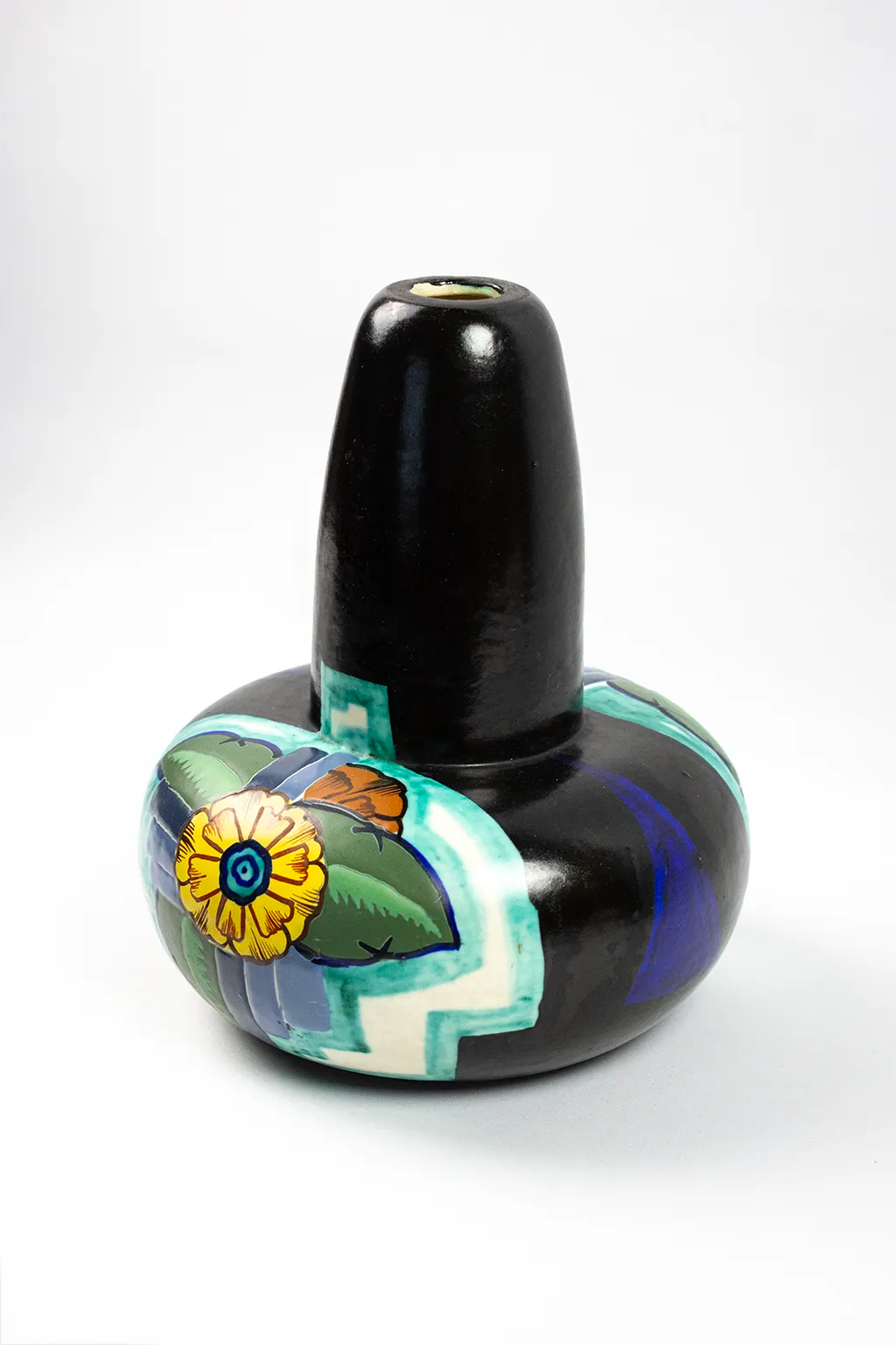 Art Deco Vase by Louis Dage – ceramic with floral decoration on a black background, 1930