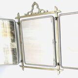 Miroir de barbier  triptyque en laiton et cuir gravé