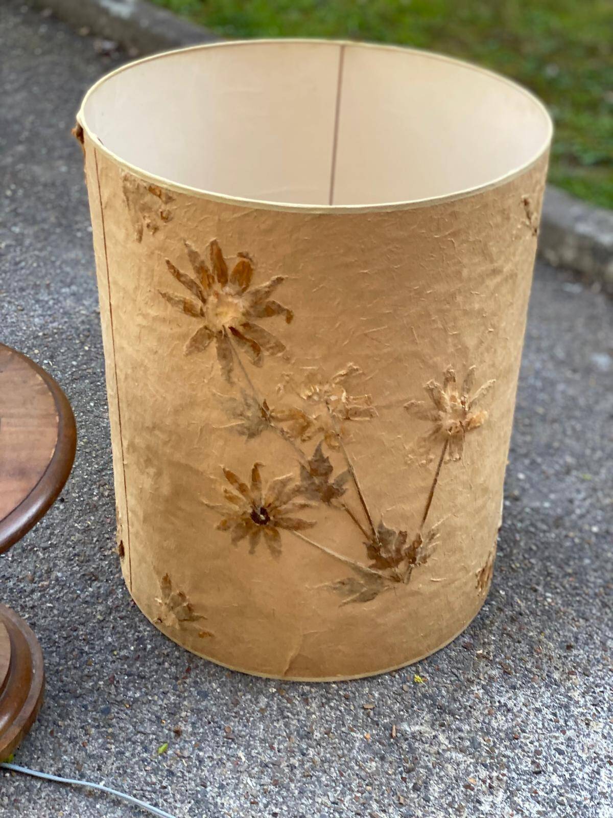 Art Deco floor lamp with wooden shelf and beige floral shade