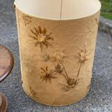 Art Deco floor lamp with wooden shelf and beige floral shade