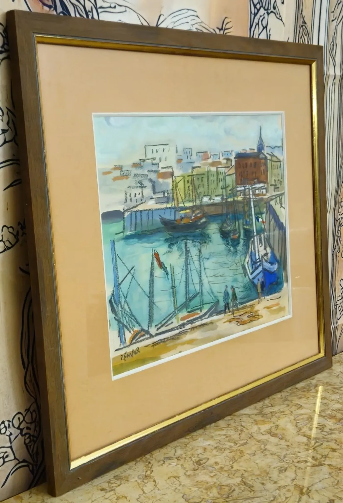 Watercolour / mixed media – Busy port – Signed R. Favier – Framed