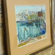 Watercolour / mixed media – Busy port – Signed R. Favier – Framed