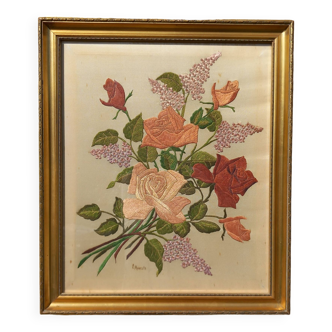 Pink and lilac floral arrangement. Silk Needle Painting