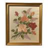 Composition florale roses et lilas. Peinture à  l'aiguille en soie