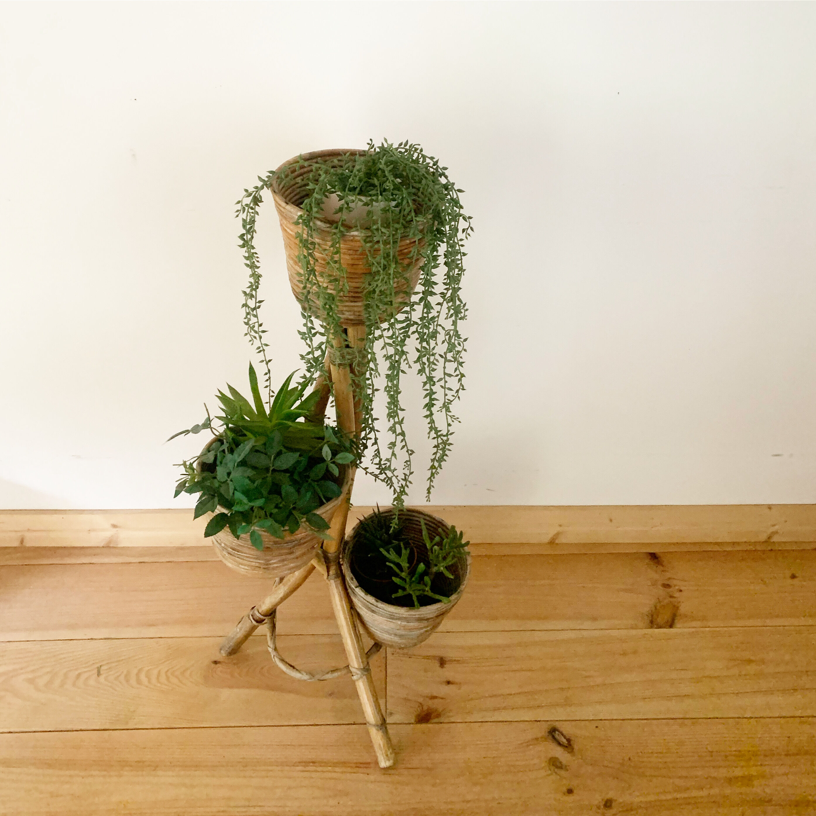 Triple vintage rattan plant holder