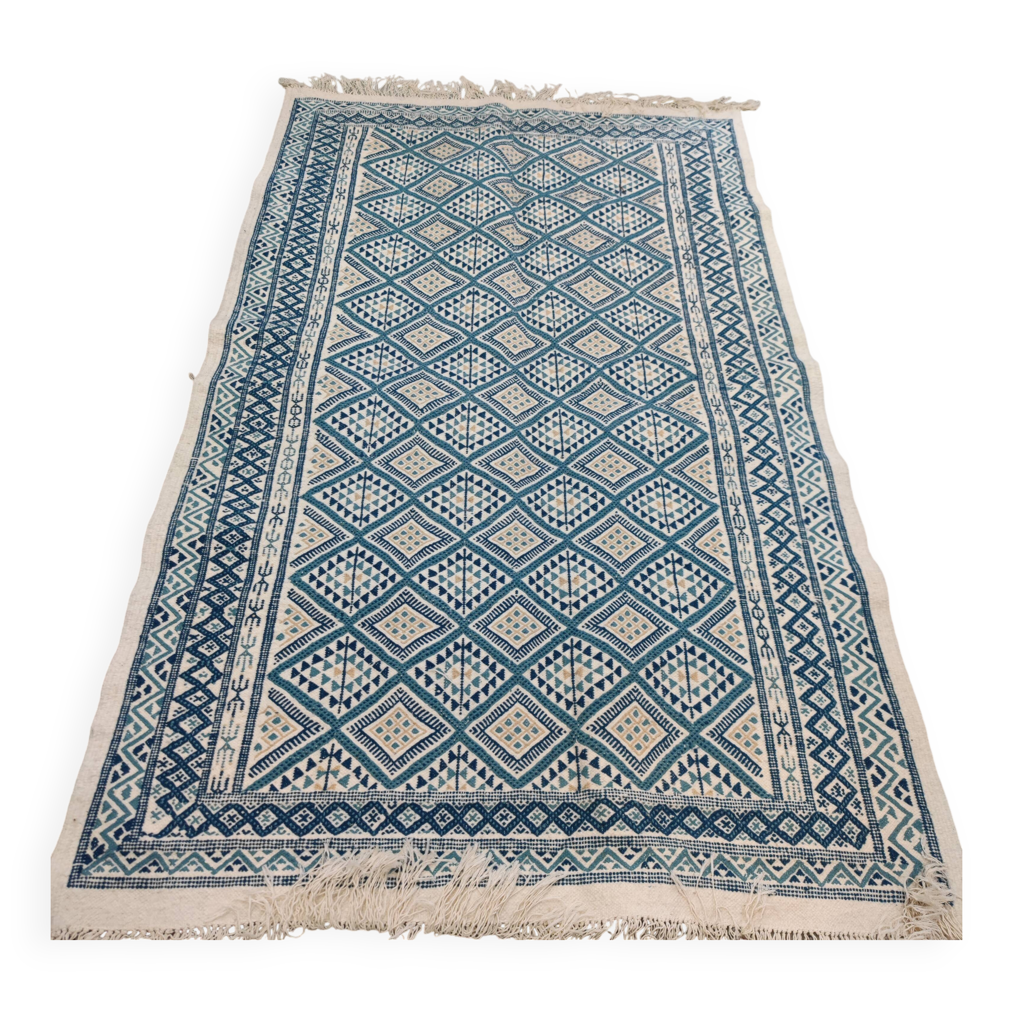 Blue, white and beige margoum rug hand-woven in natural wool