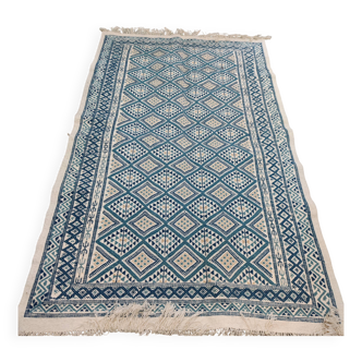 Tapis margoum bleu blanc et beige tissé mains en laine naturelle