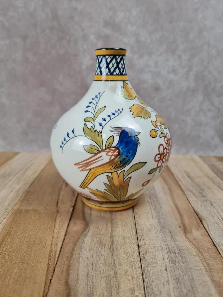 Antique hand-decorated faience vase – floral and bird design