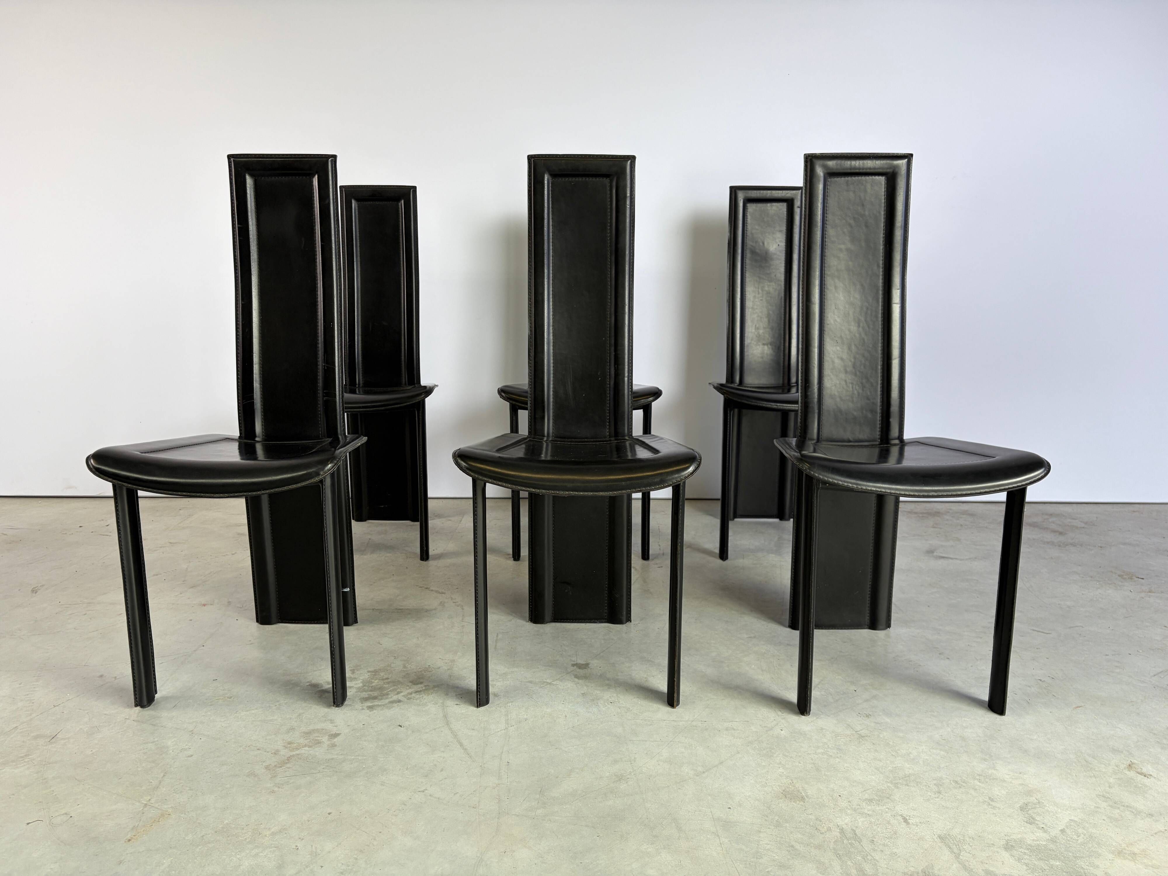 Vintage black leather dining chairs, set of 6, 1980s