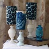 Pair of alabaster bedside lamps with blue leopard shades