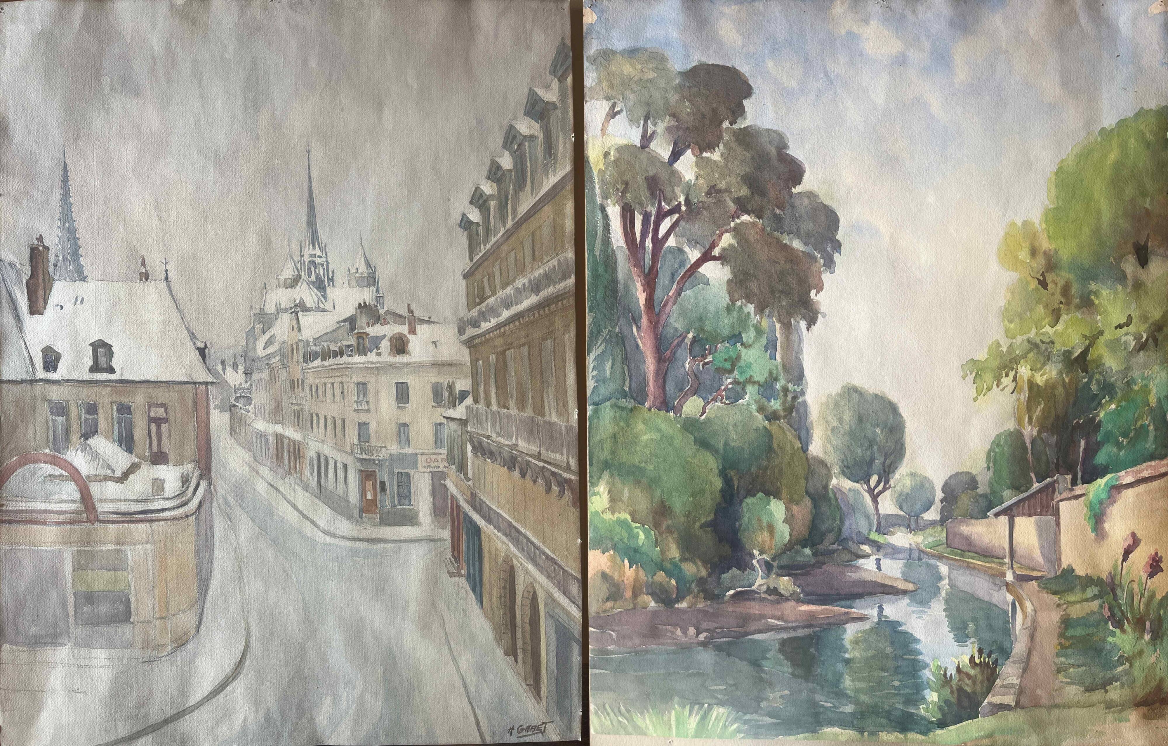 Two-sided watercolor painting Dijon Cathedral St Benigne/ Ouche by Henri Gabet 1899