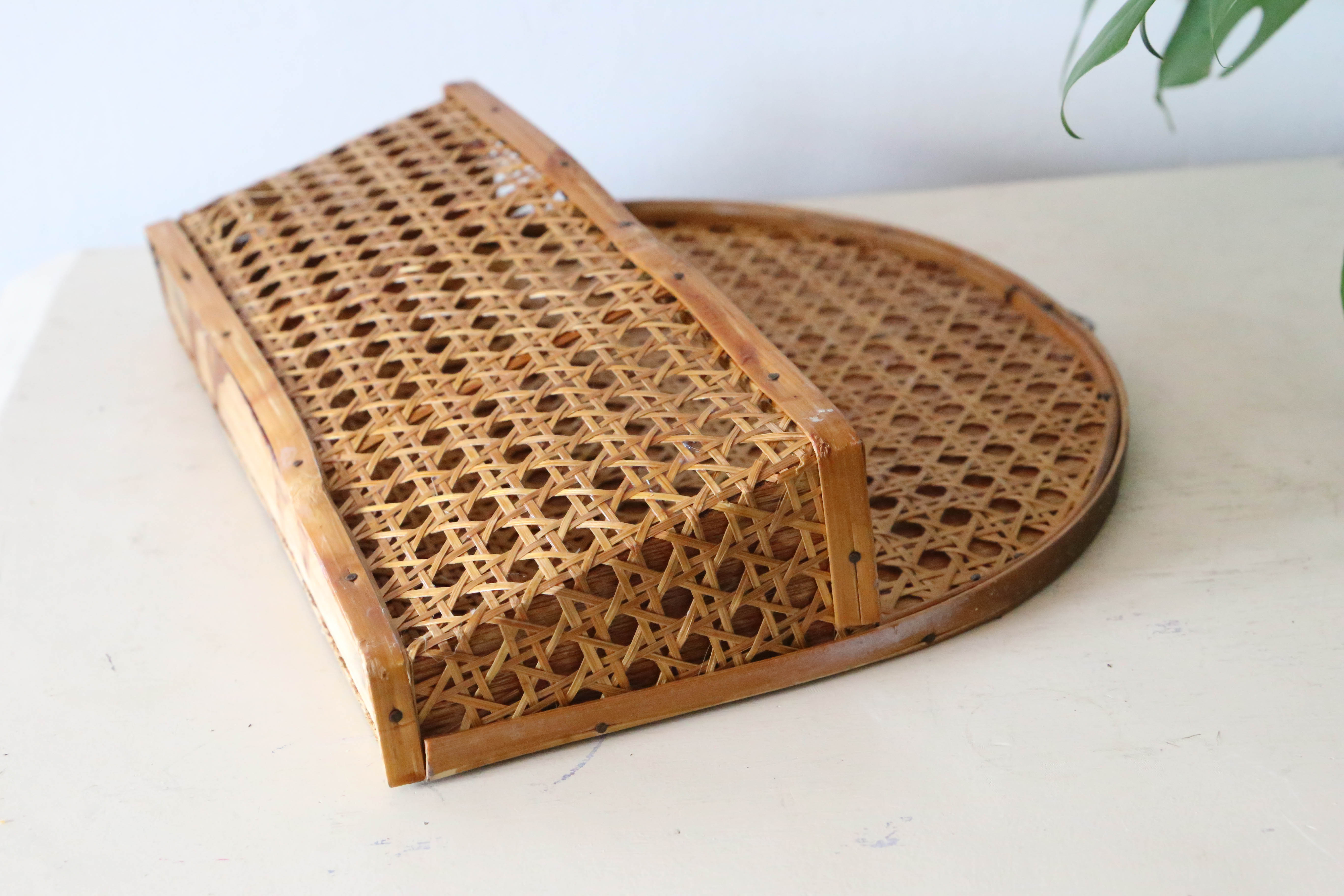 Mail holder, empty wall pocket, wicker and cannage, vintage