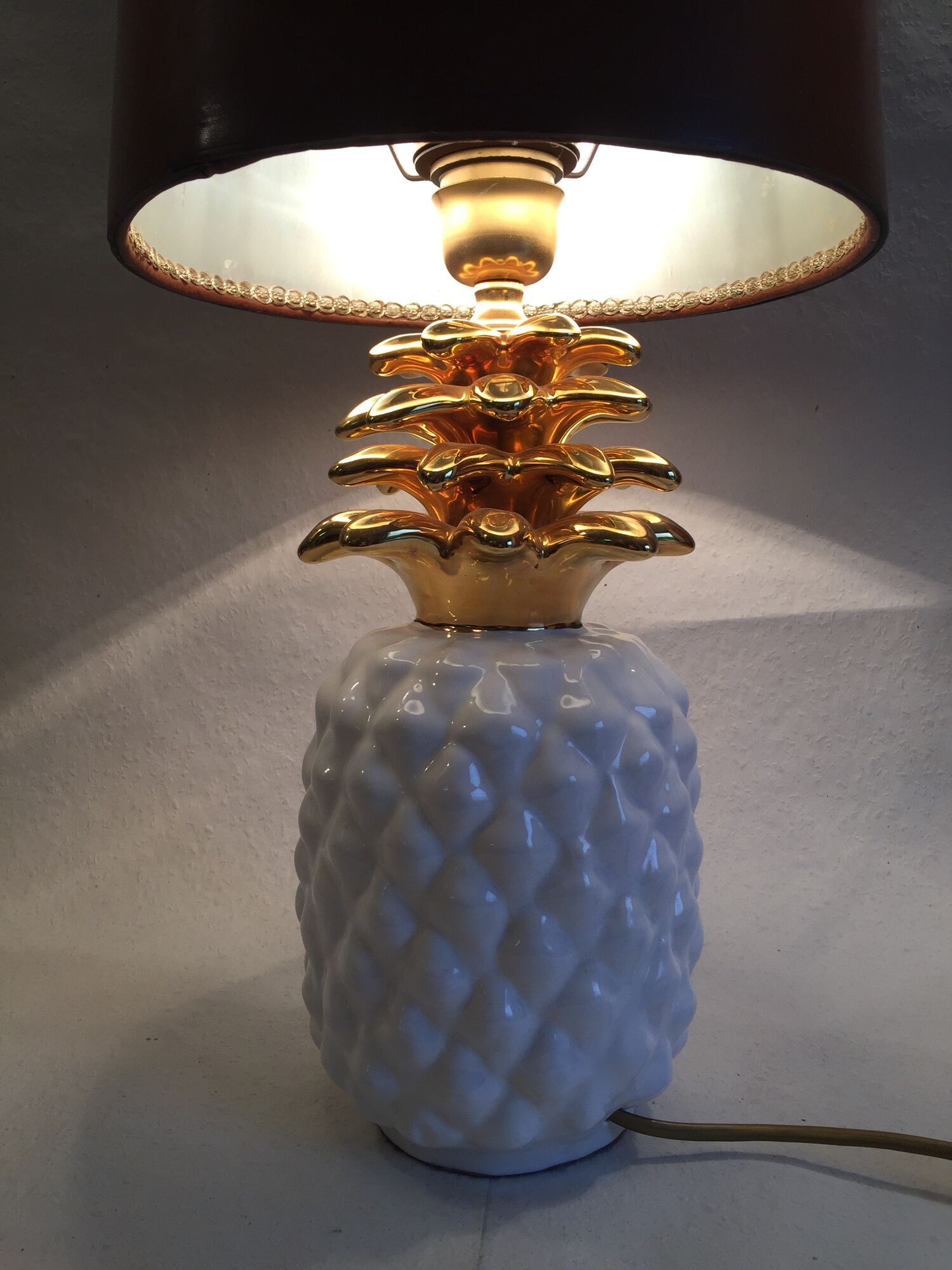 vintage pineapple lamp in ceramics shade brown leather