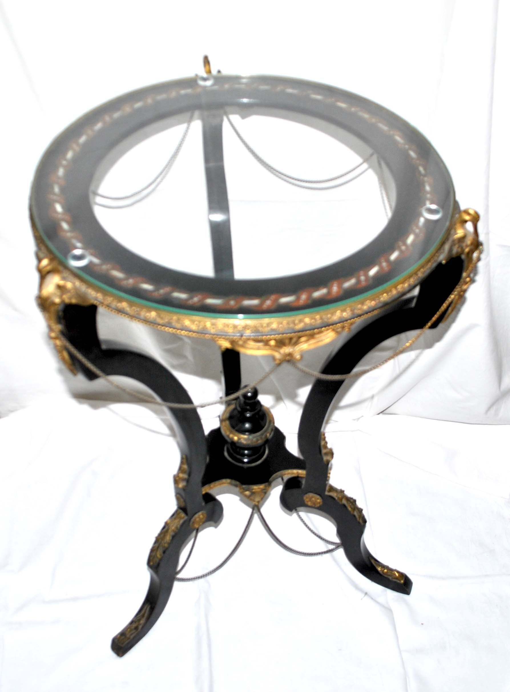 Napoleon III Gueridon Table blackened wood and gilded bronze swan - Mother-of-pearl marquetry top 19th century.