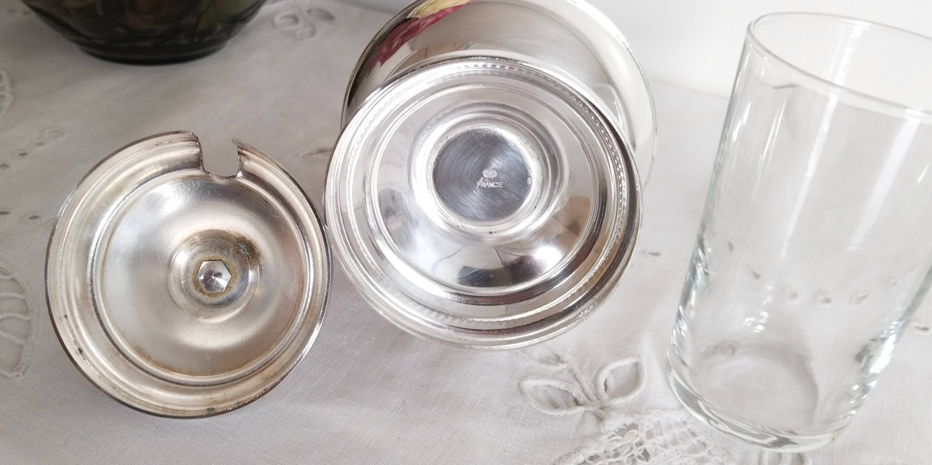 Mustard pot, jam pot, jam jar, sugar bowl, in silver metal