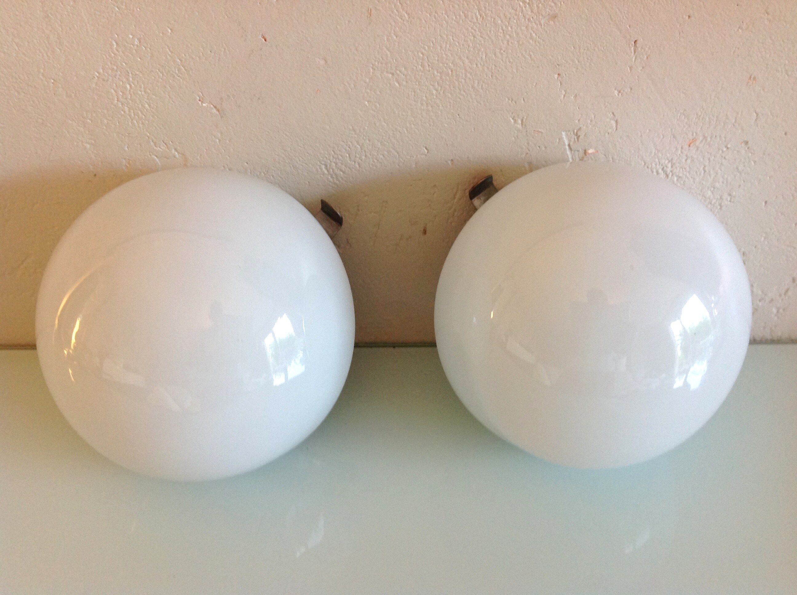 Pair of globe half moon ceiling lights in opaline vintage 60s-70s