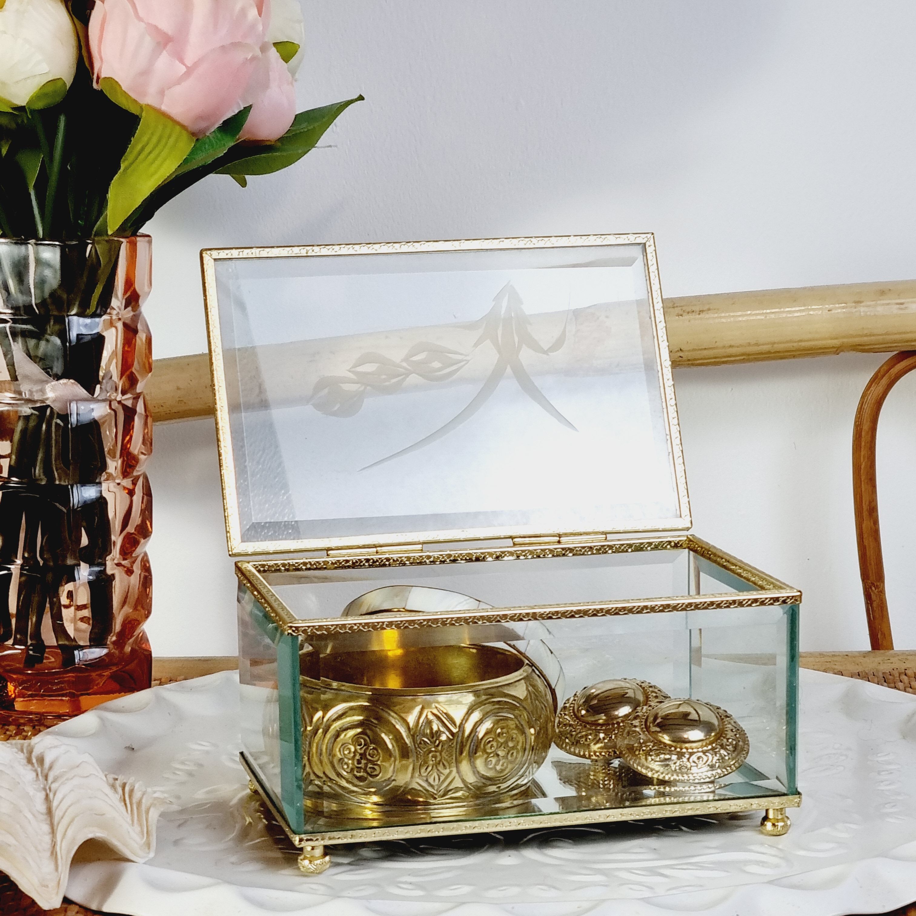 Beveled and chiseled glass and brass jewelry box