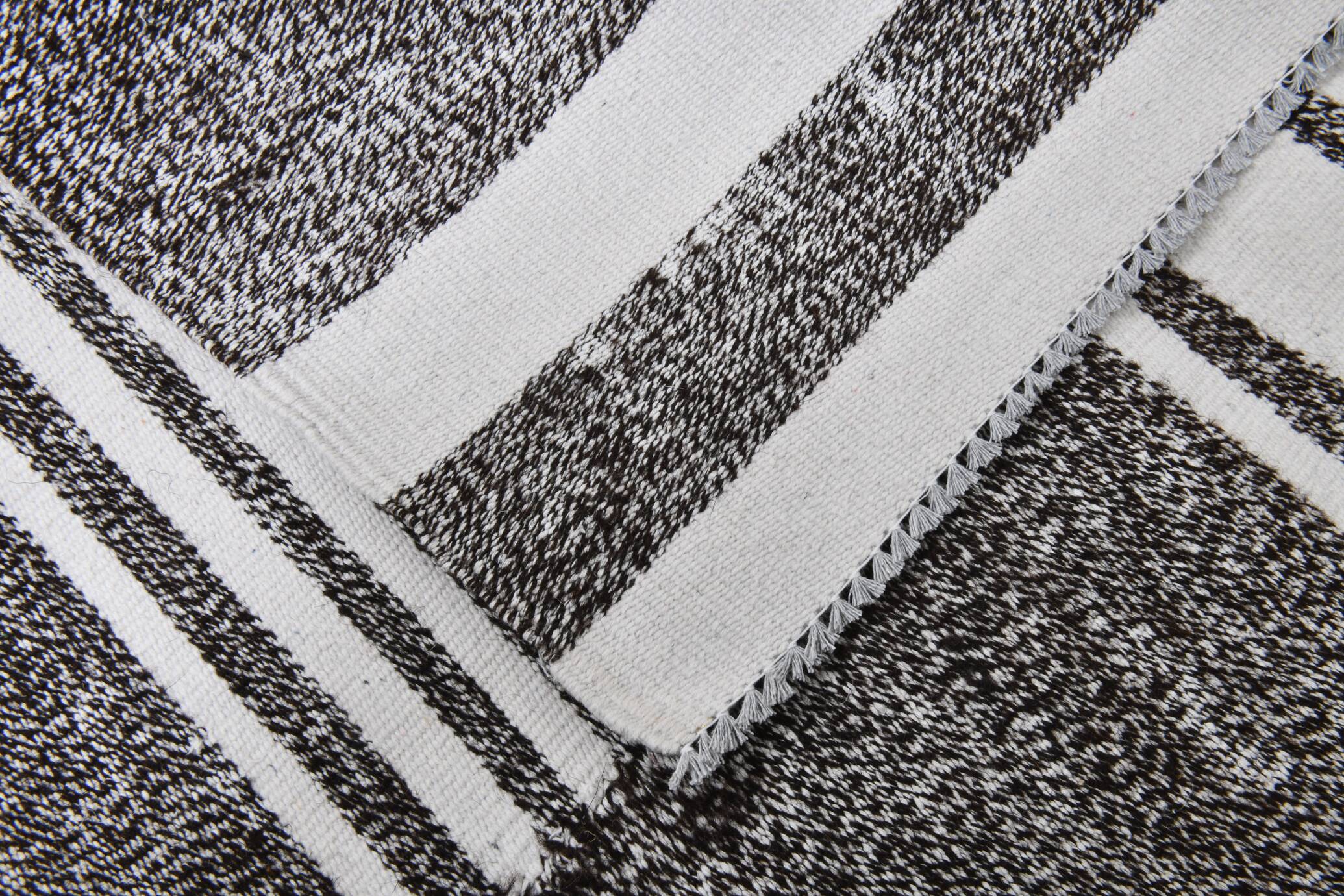 White & Black Striped Oversize Kilim Rug, 206x304Cm