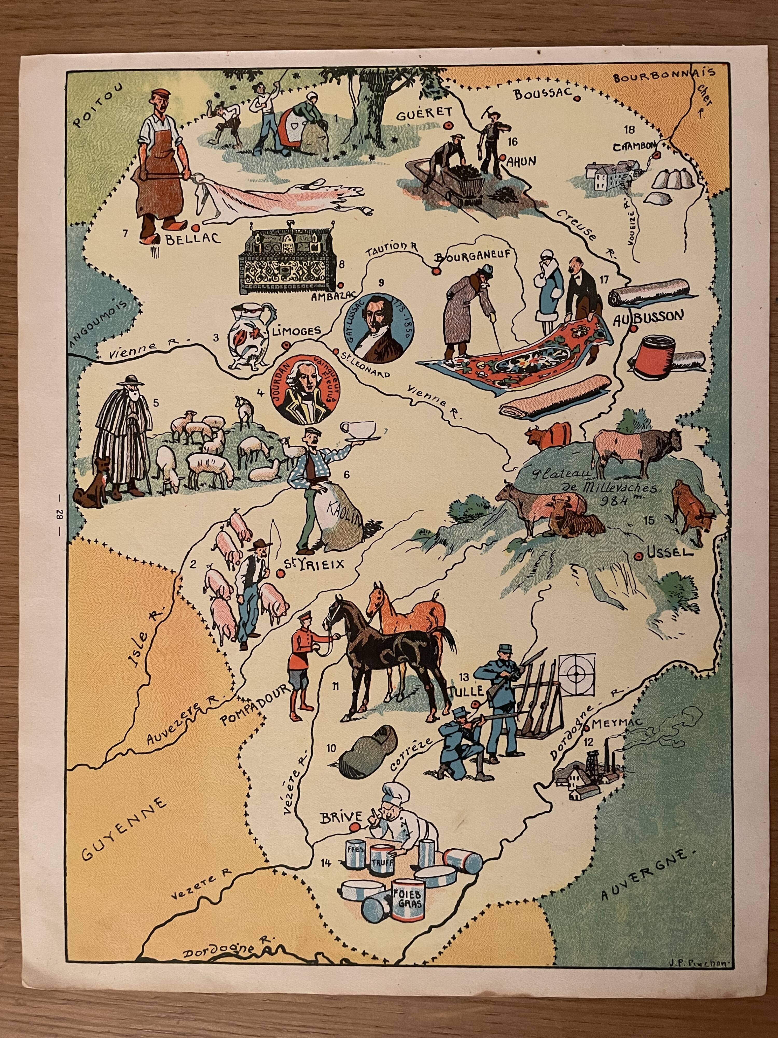 Old illustrated map of the Limousin - JP Pinchon