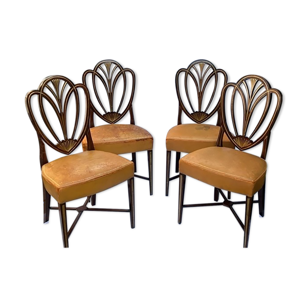 Série quatre chaises anglaises Hepplewhite acajou cuir début XXème