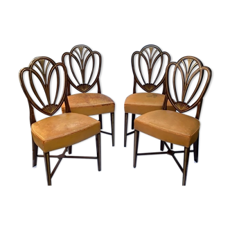 Série quatre chaises anglaises Hepplewhite acajou cuir début XXème