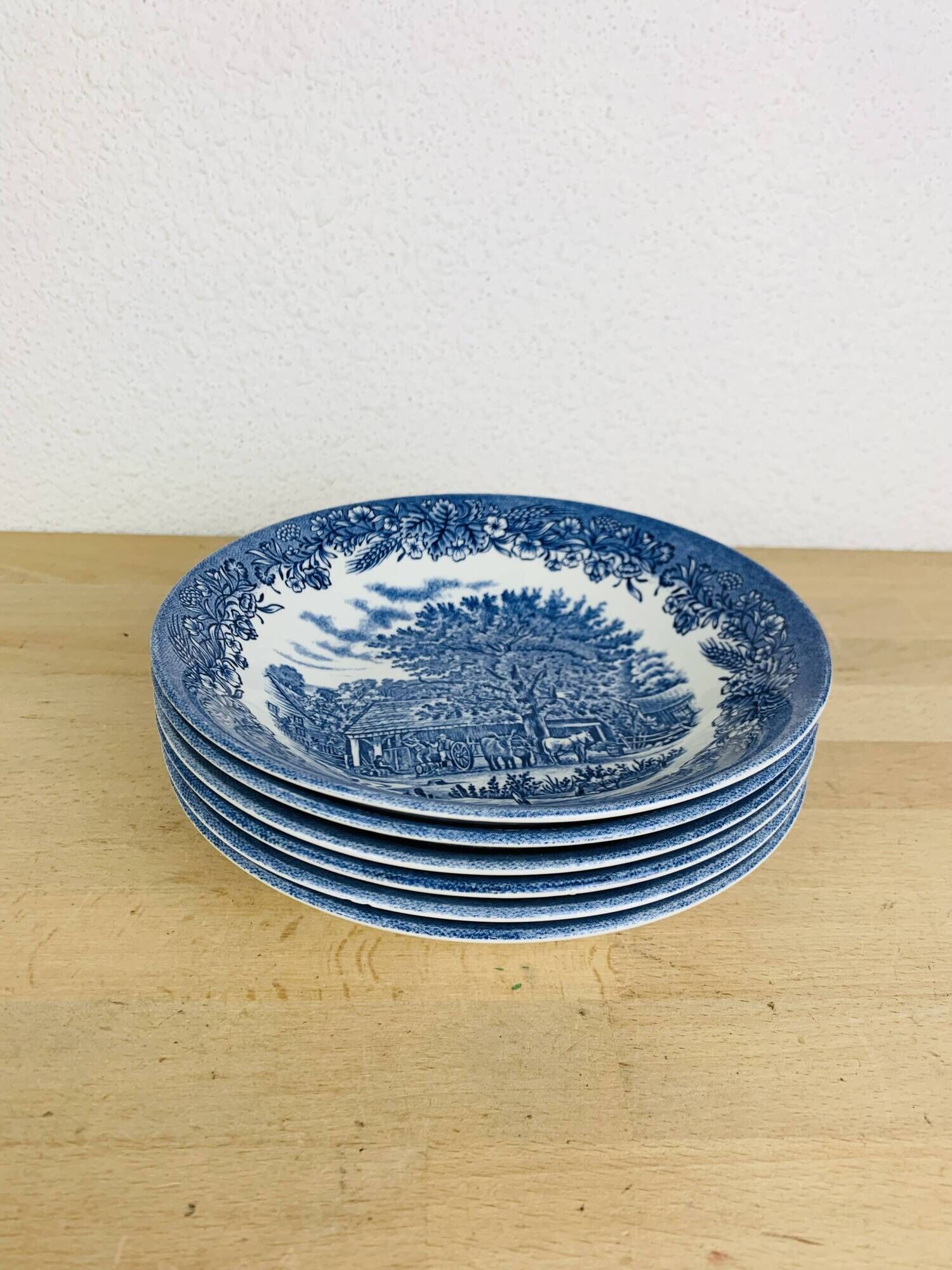 6 Churchill English ironstone soup plates, blue