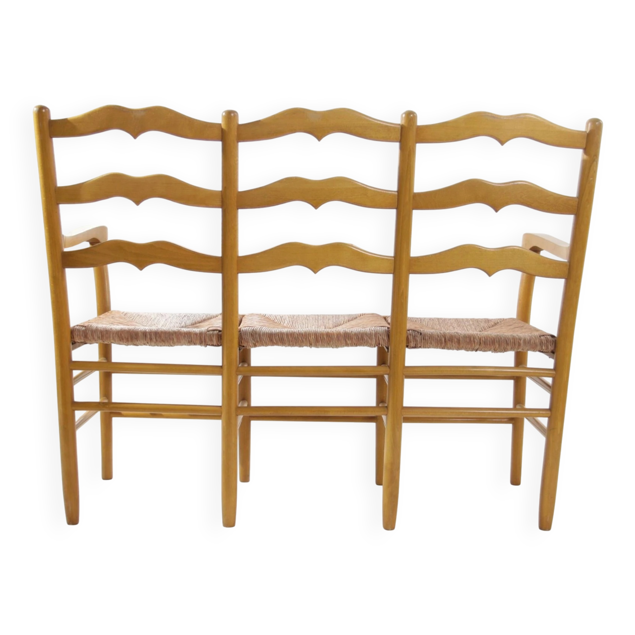 Beech three-seater bench with rush seat – 1960s