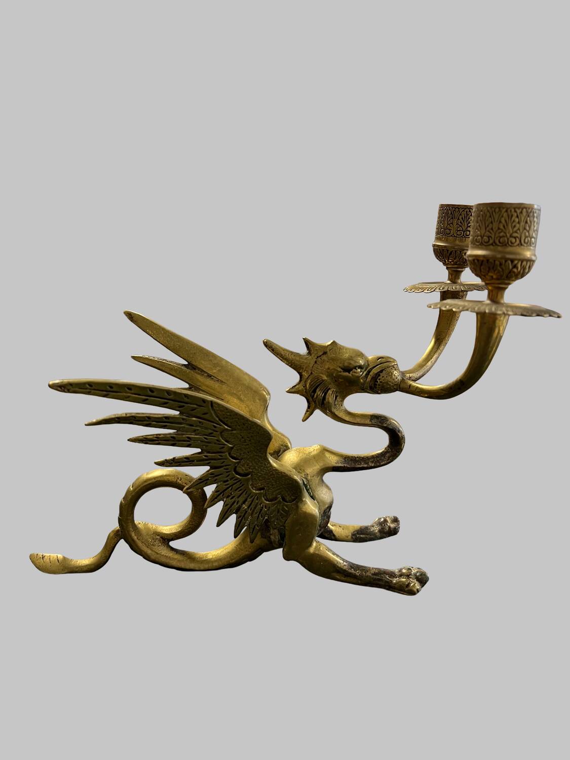 Vintage brass winged dragon double candlestick (Hollywood  Regency)