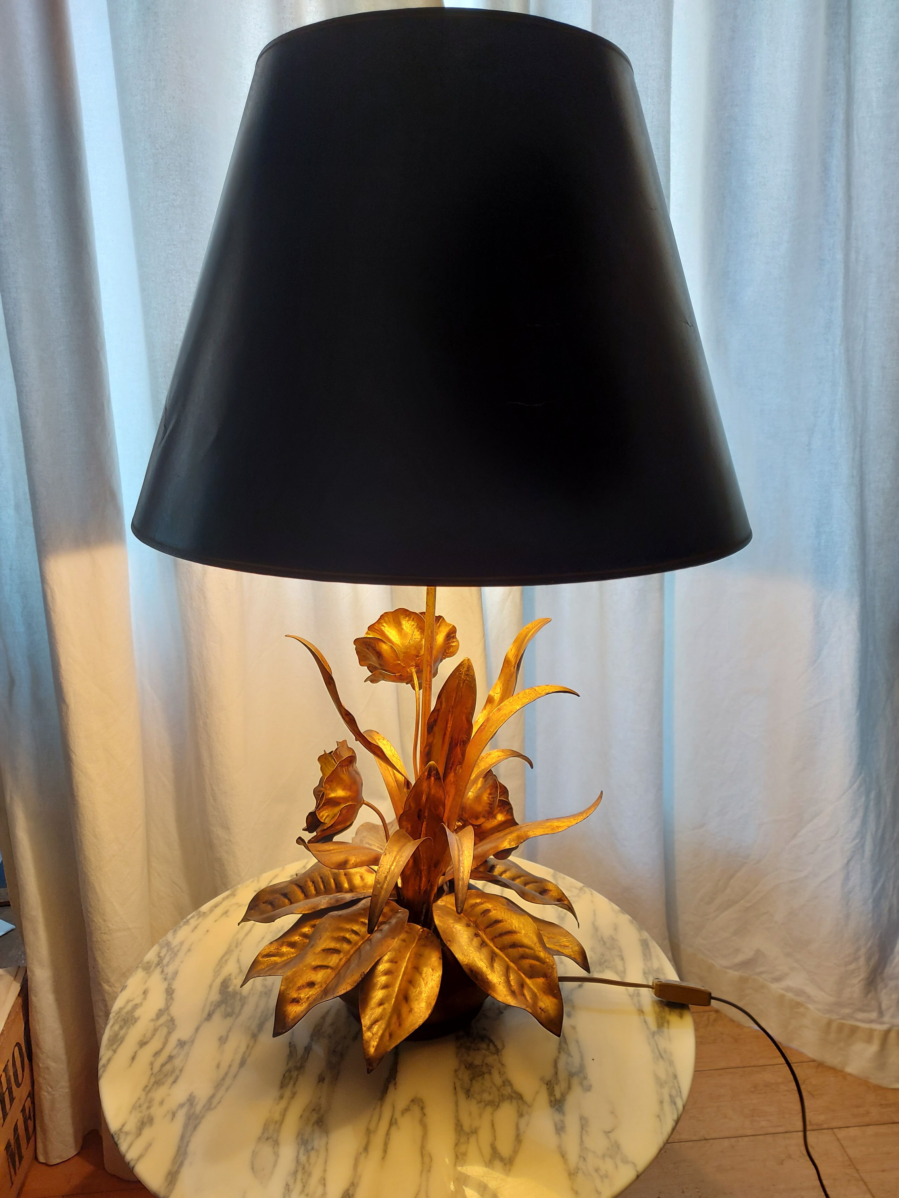 Large lamp, bouquet of vintage anemone flowers, gold metal, Hans Kogl