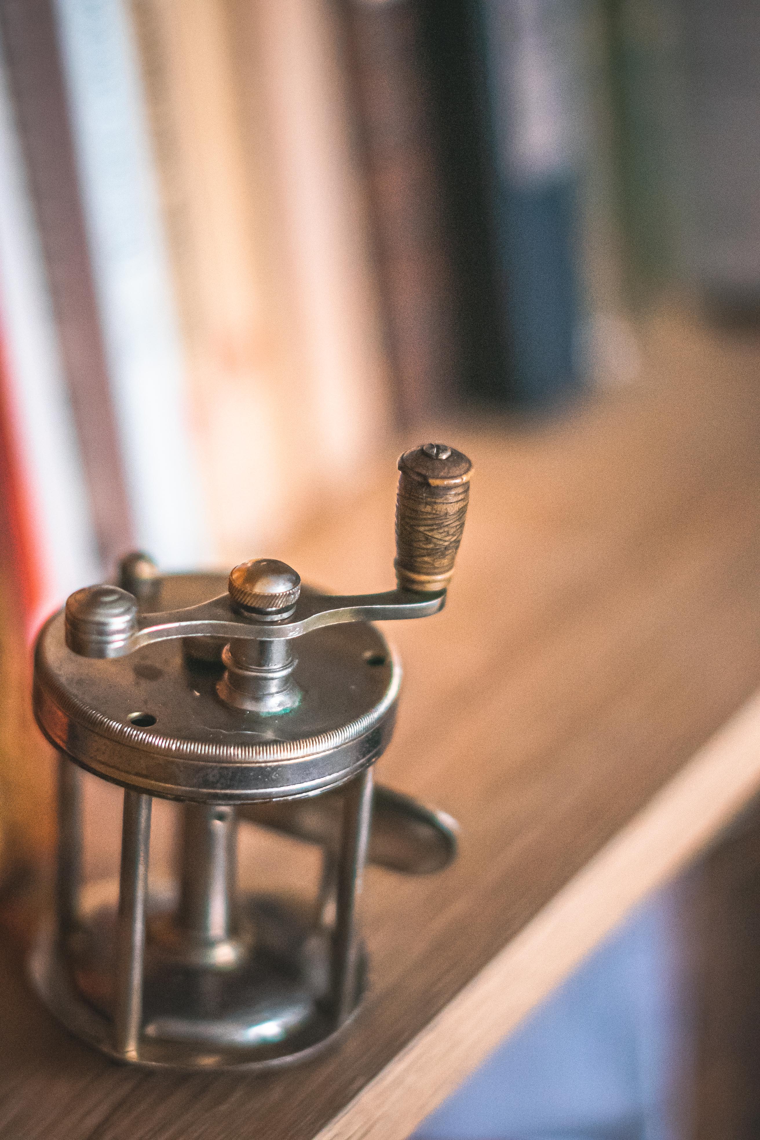 Old little fishing rod reel presto with bone handle fisherman collection