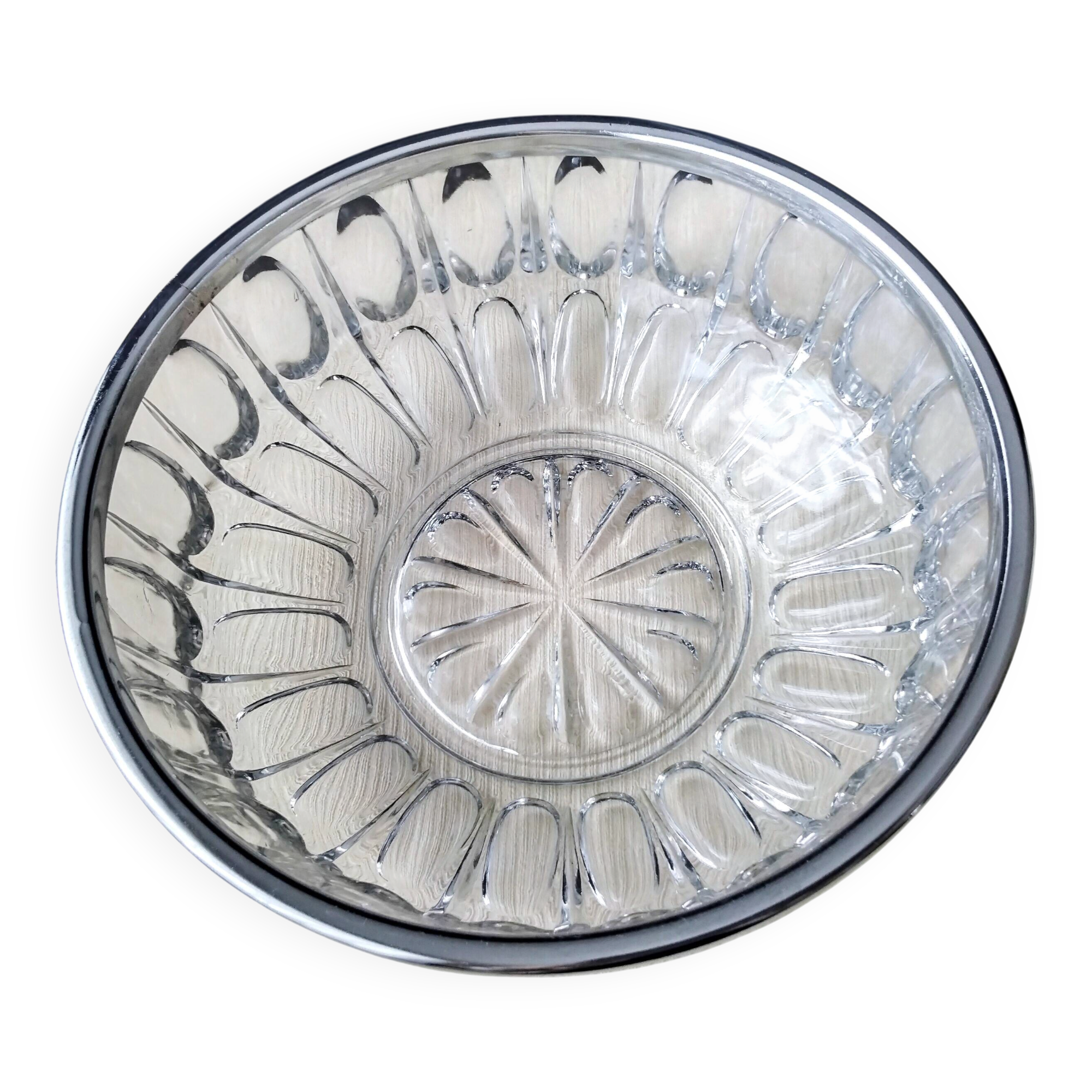 Saladier , coupe à fruits en verre et cerclage Acier inoxydable