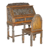 Chinese hand-carved desk from around 1940 with matching chair.