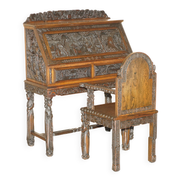 Bureau chinois sculpté à la main vers 1940 avec fauteuil assorti