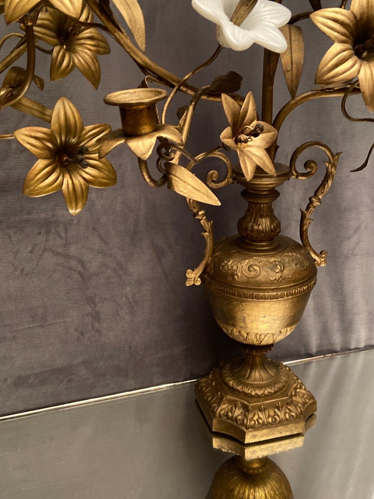 Pair of church candlesticks decorated with brass and opaline flowers nineteenth