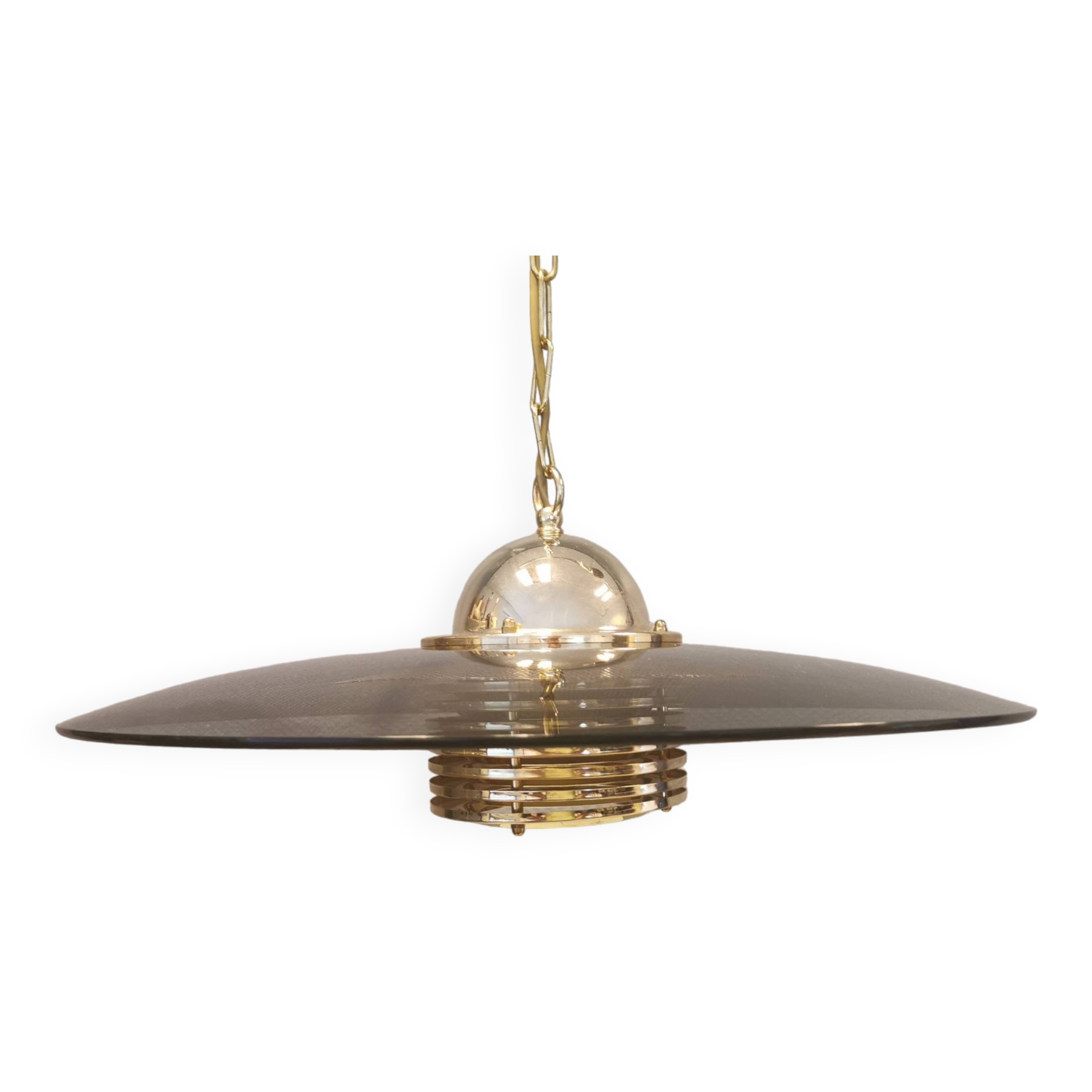 Original Belid T 391 pendant light in gold-coloured metal and smoke-coloured glass