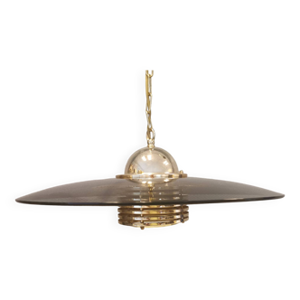 Original Belid T 391 pendant light in gold-coloured metal and smoke-coloured glass